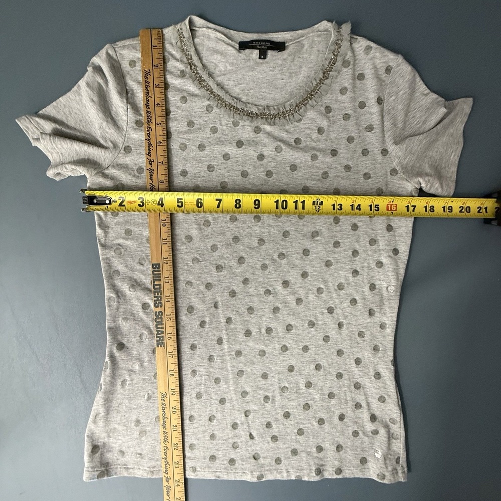 MAXMARA WEEKEND Gray TOP M Silver Beaded T-Shirt Polka Dot Ruffle Party Tissue - Picture 13 of 16